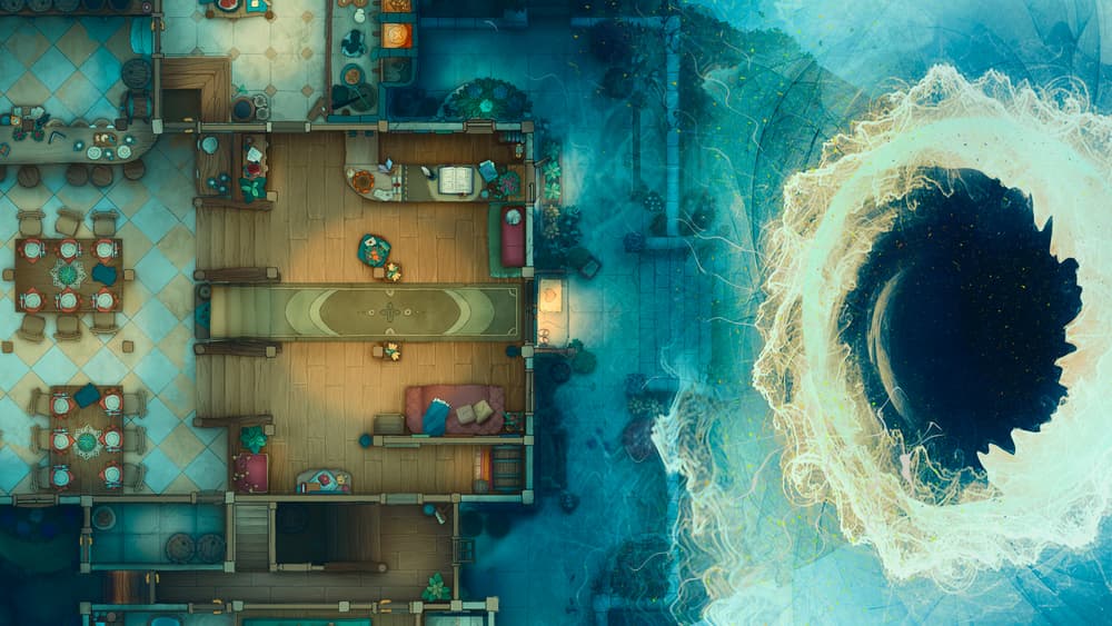 A swirling circular portal floating in the sky outside a tavern